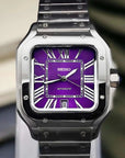Santos mod watch with purple dial and stainless steel case