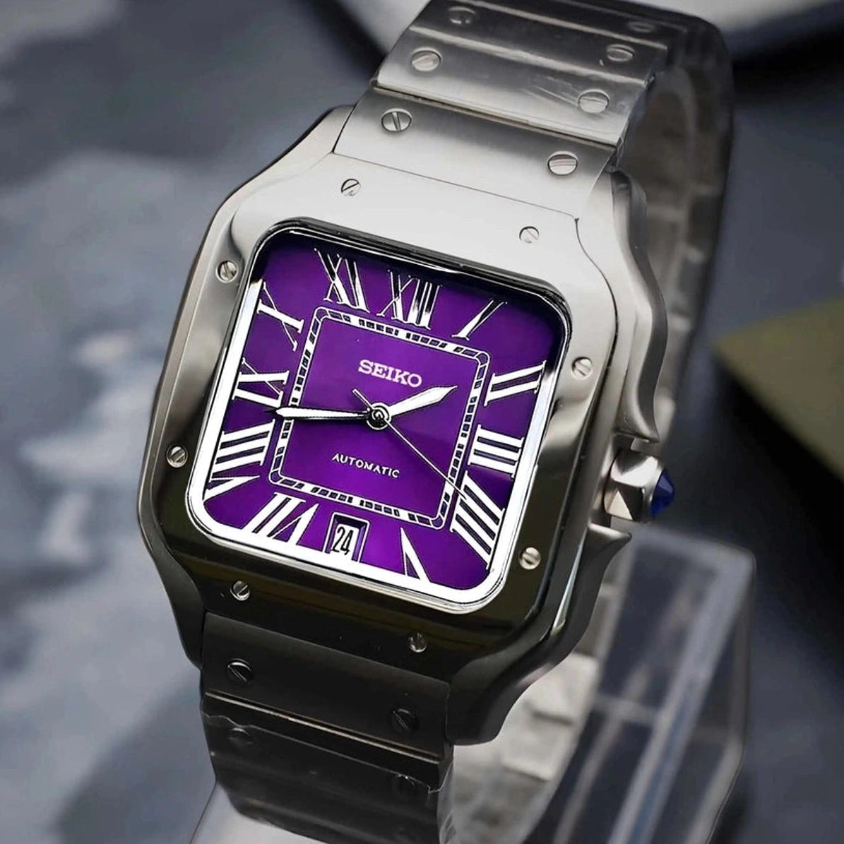 Santos mod watch with purple dial and stainless steel case