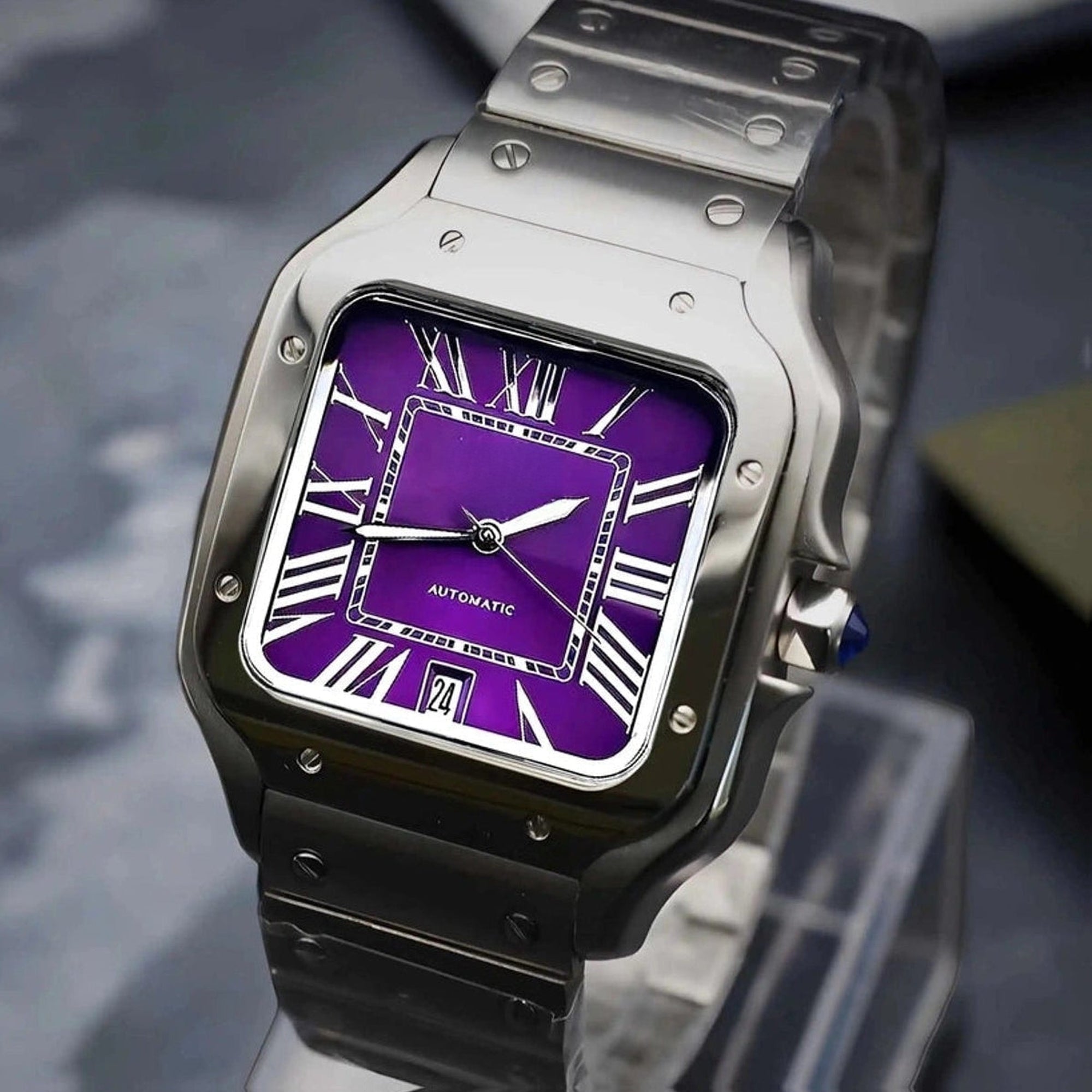 Santos mod watch with purple dial and stainless steel case