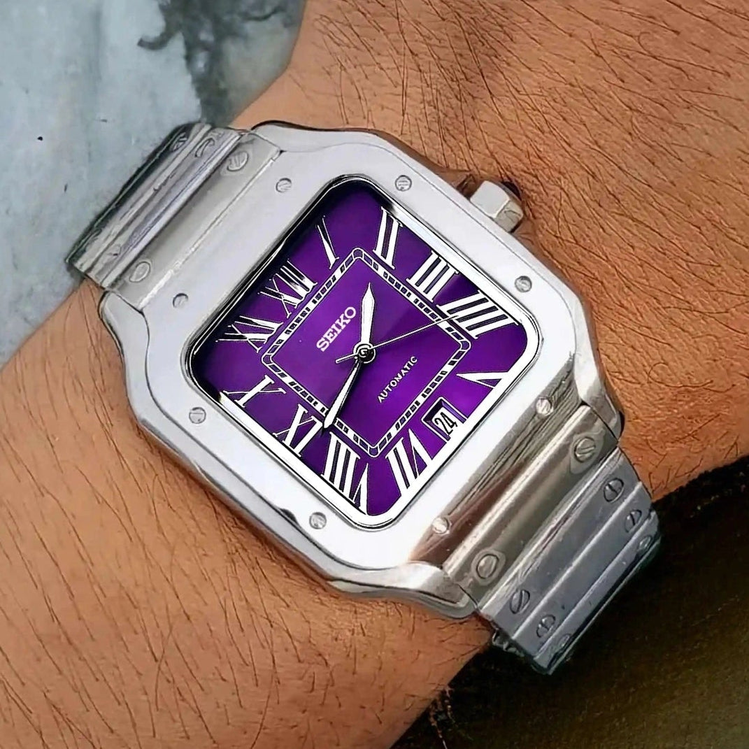 Santos mod watch with purple dial and stainless steel case