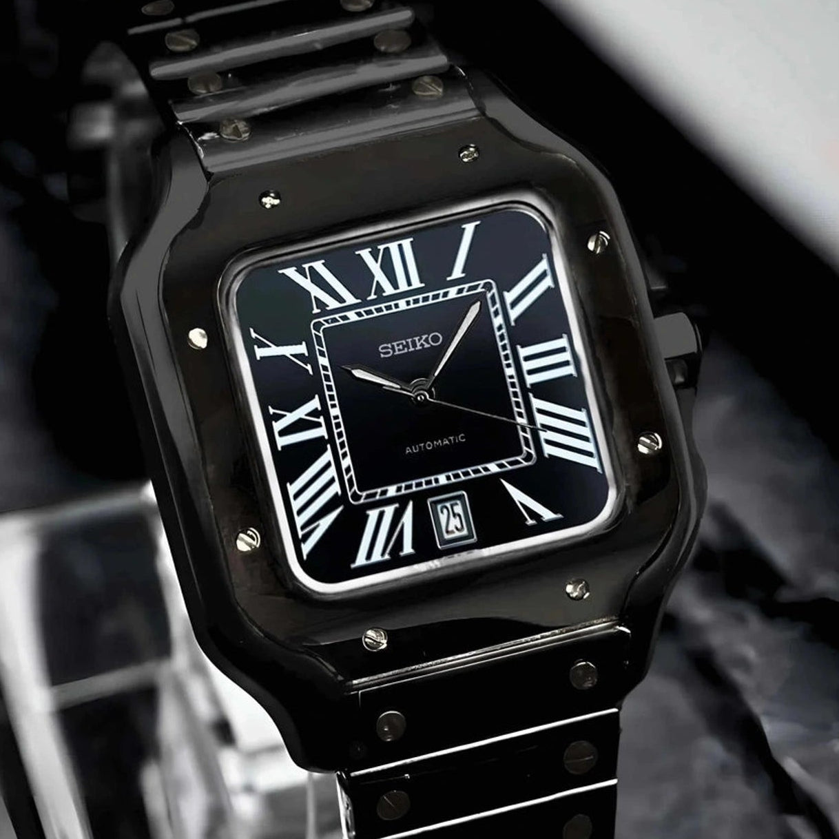 Santos mod watch with triple black dial and stainless steel case
