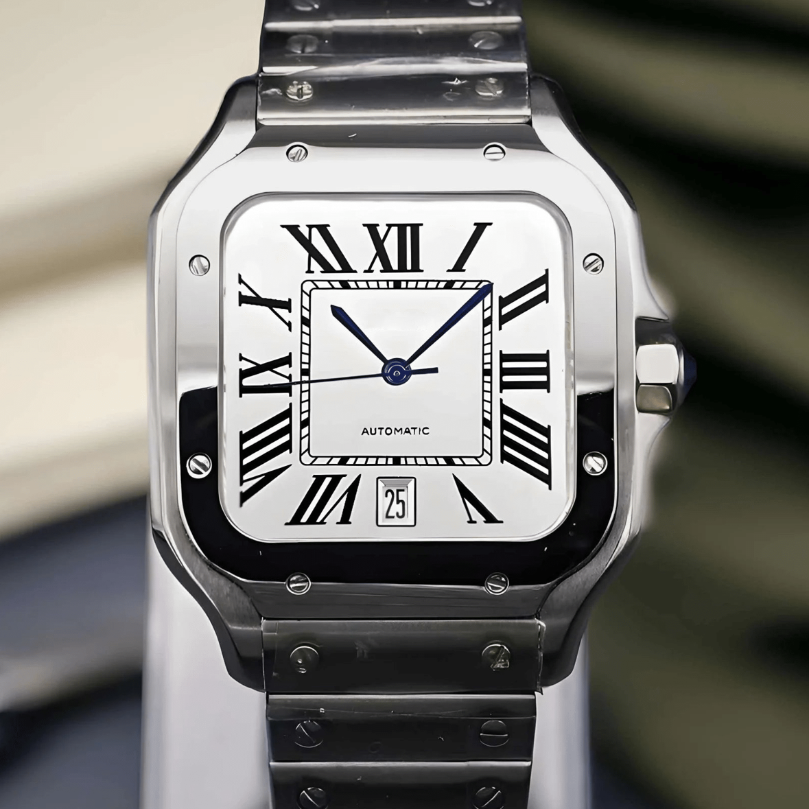 Santos mod watch with white dial and stainless steel case