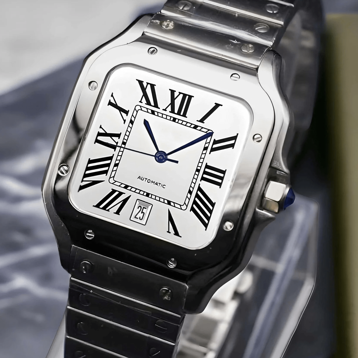 Santos mod watch with white dial and stainless steel case