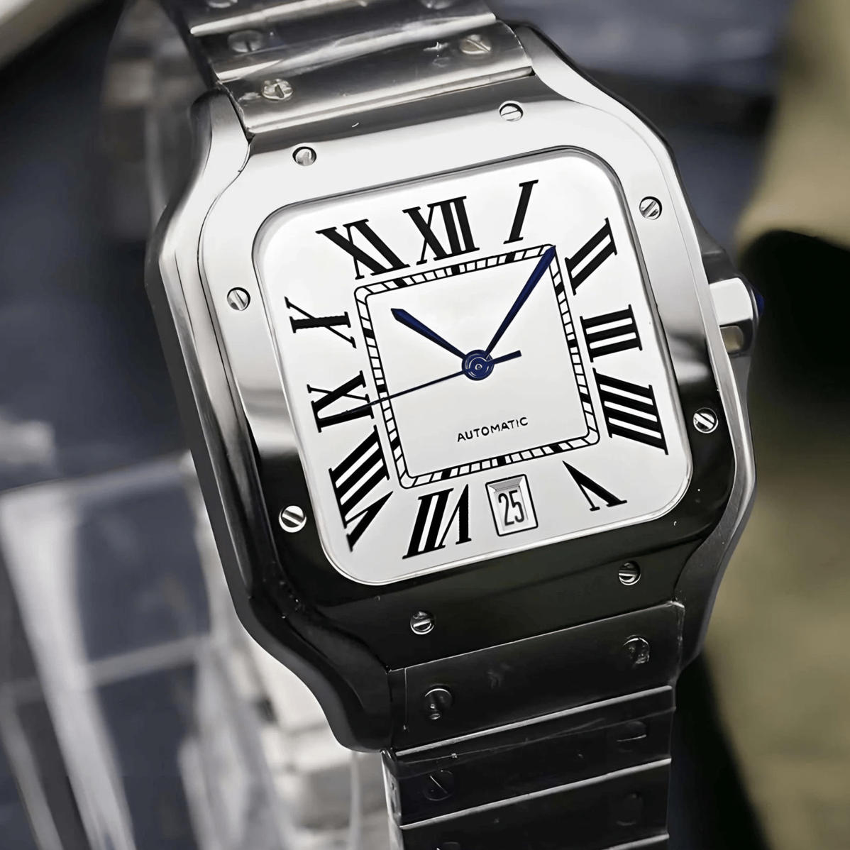 Santos mod watch with white dial and stainless steel case