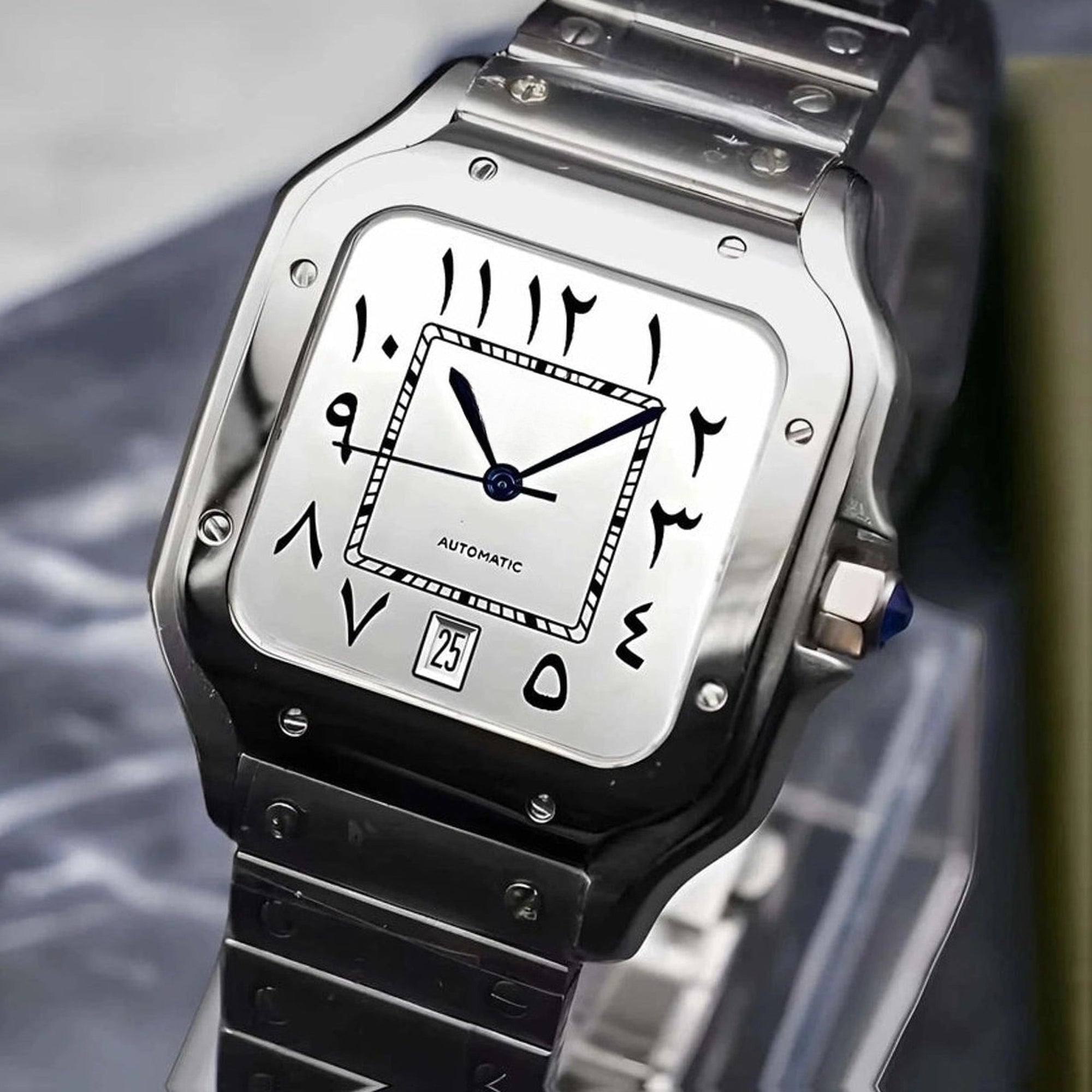 Santos mod watch with white arabic dial and stainless steel case