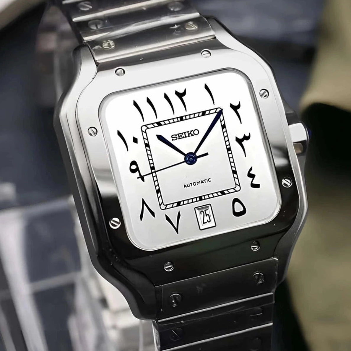 Santos mod watch with white arabic dial and stainless steel case