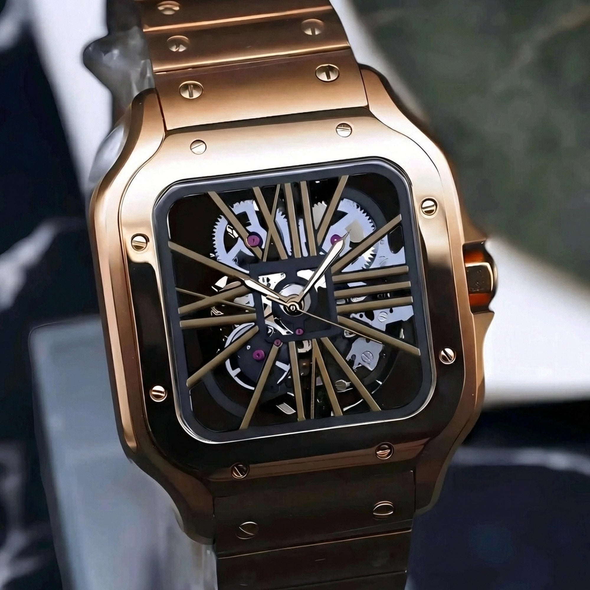 Santos mod watch with skeleton rose gold dial and stainless steel case
