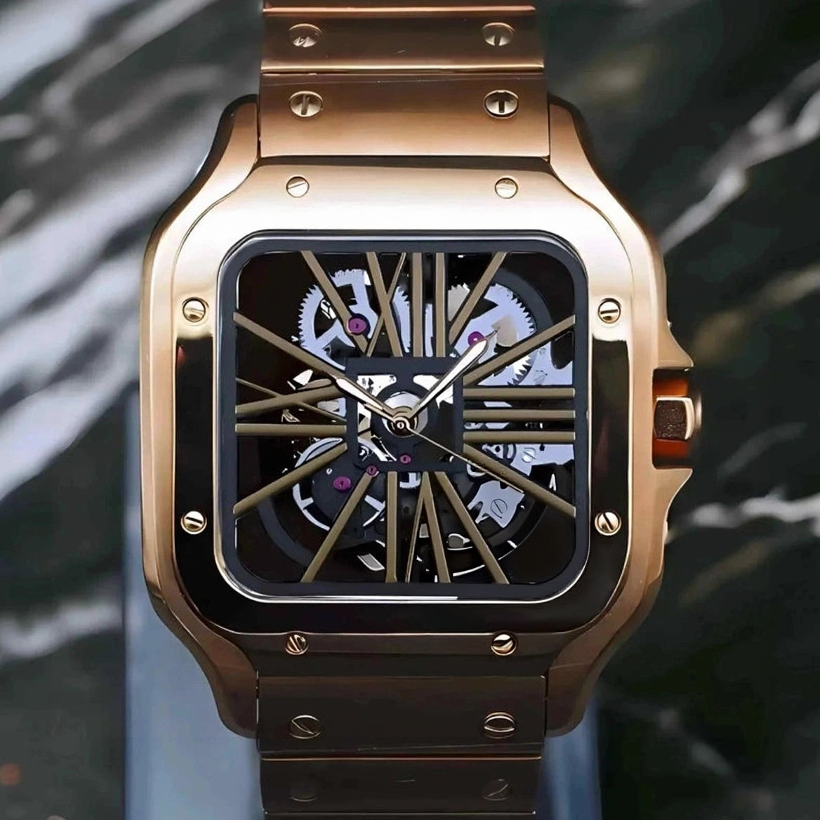 Rose gold watch with a detailed mechanical face on a dark background