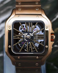 Rose gold watch with a detailed mechanical face on a dark background
