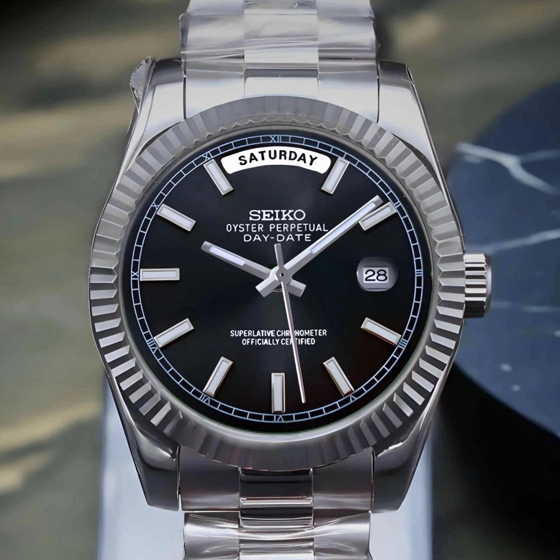 Day date automatic Black dial Watch with Silver Band