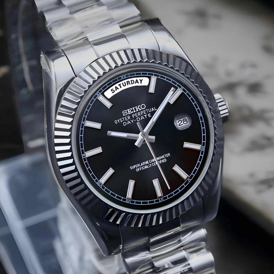 Day date automatic Black dial Watch with Silver Band