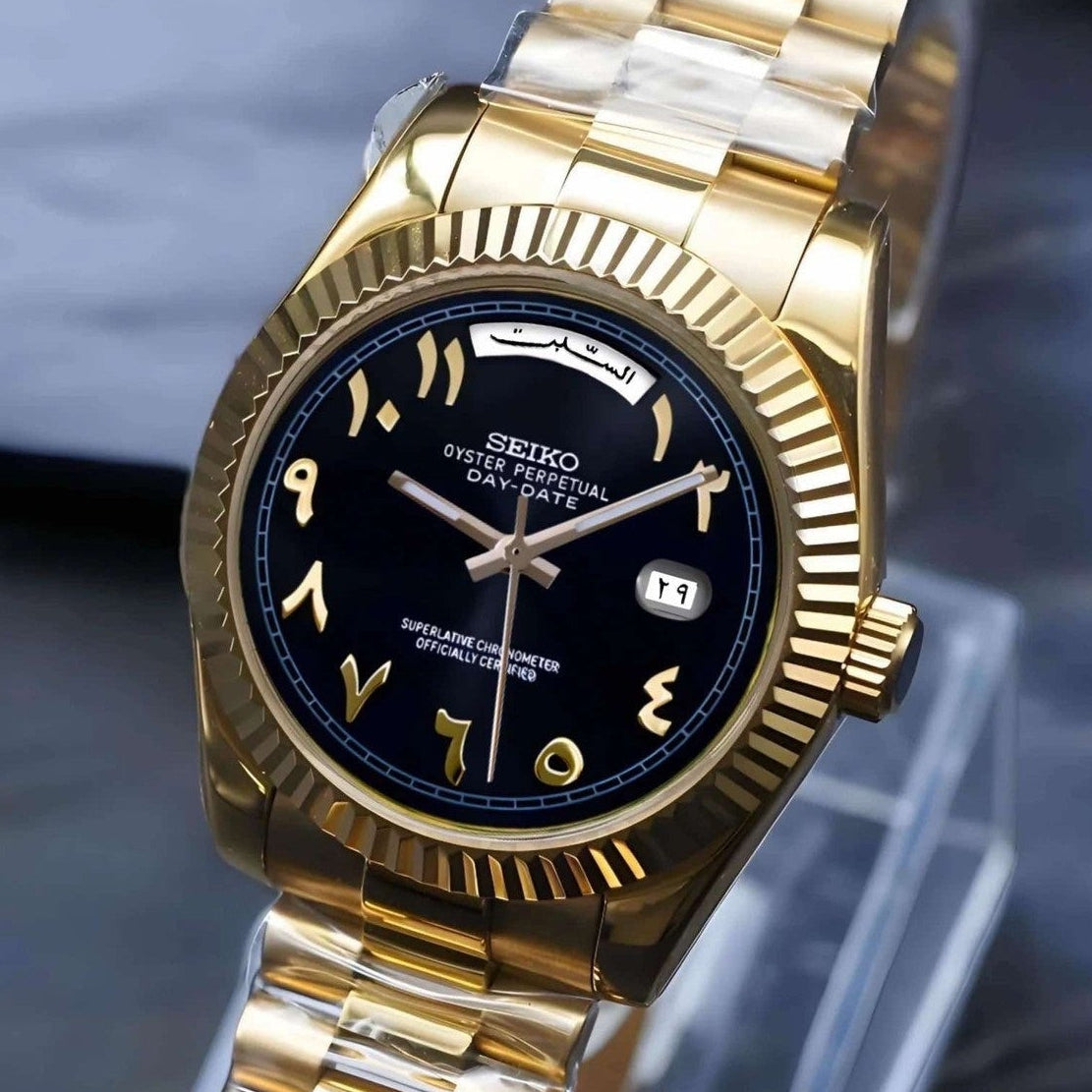 Day date automatic Black Arabic dial Watch with Gold Band