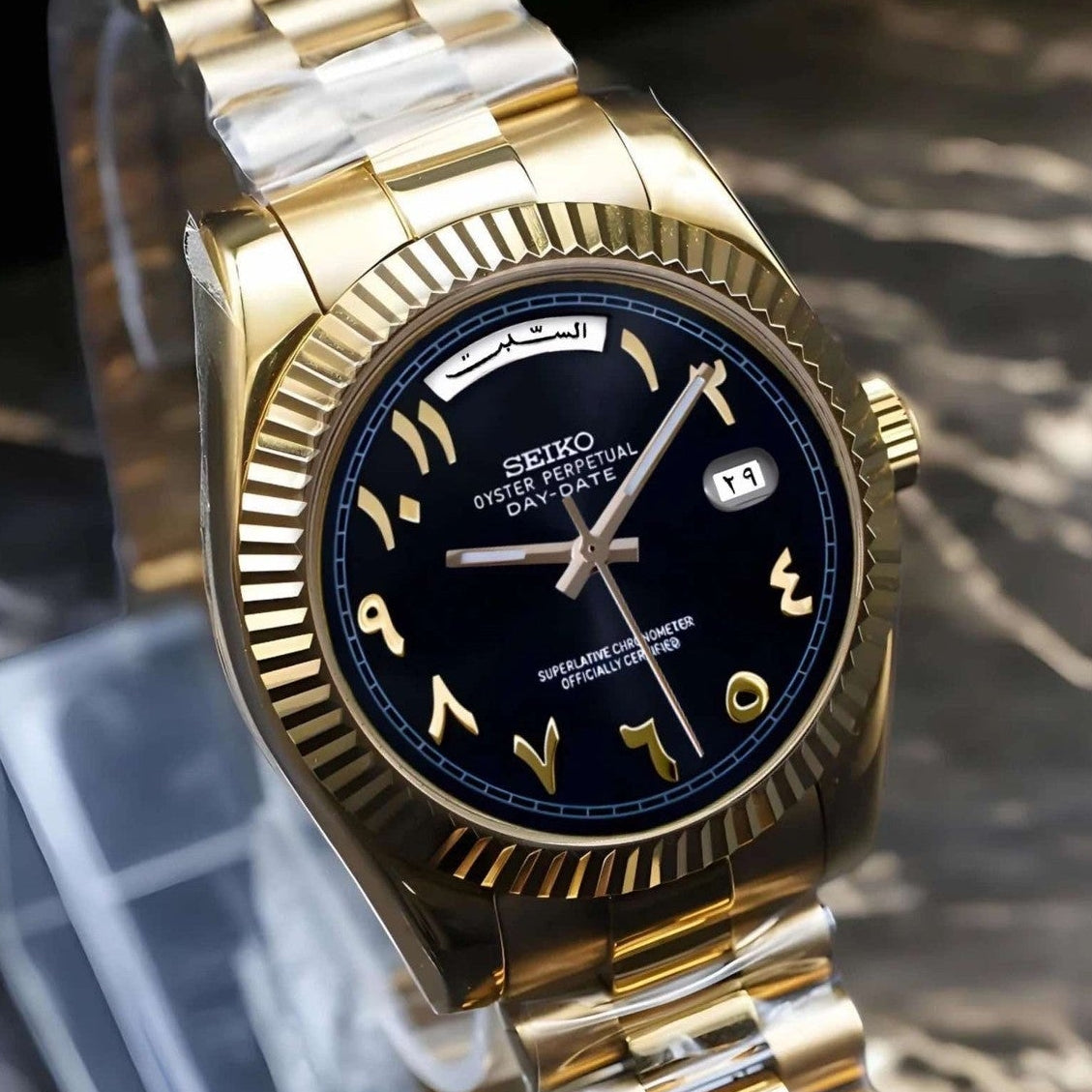 Day date automatic Black Arabic dial Watch with Gold Band