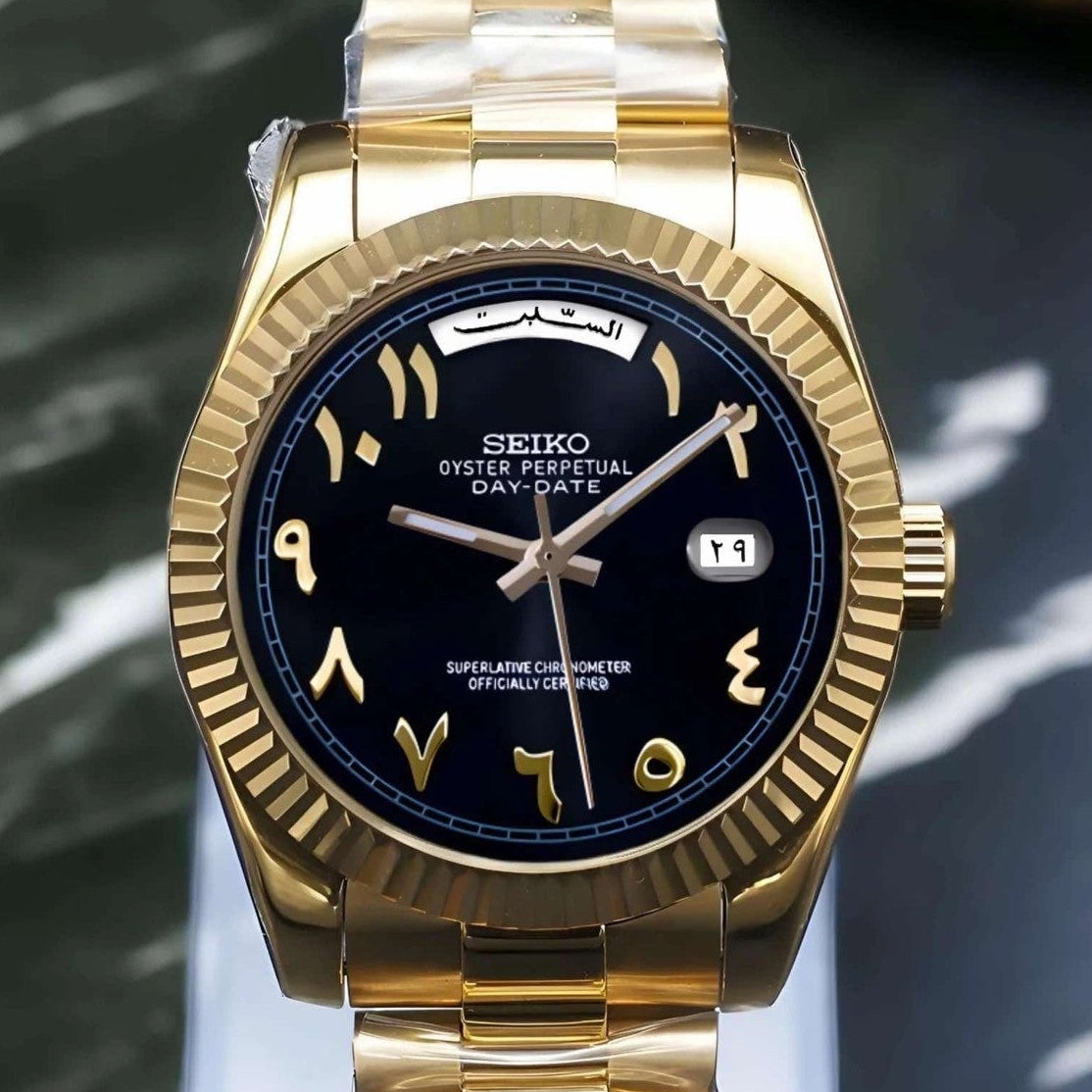 Day date automatic Black Arabic dial Watch with Gold Band
