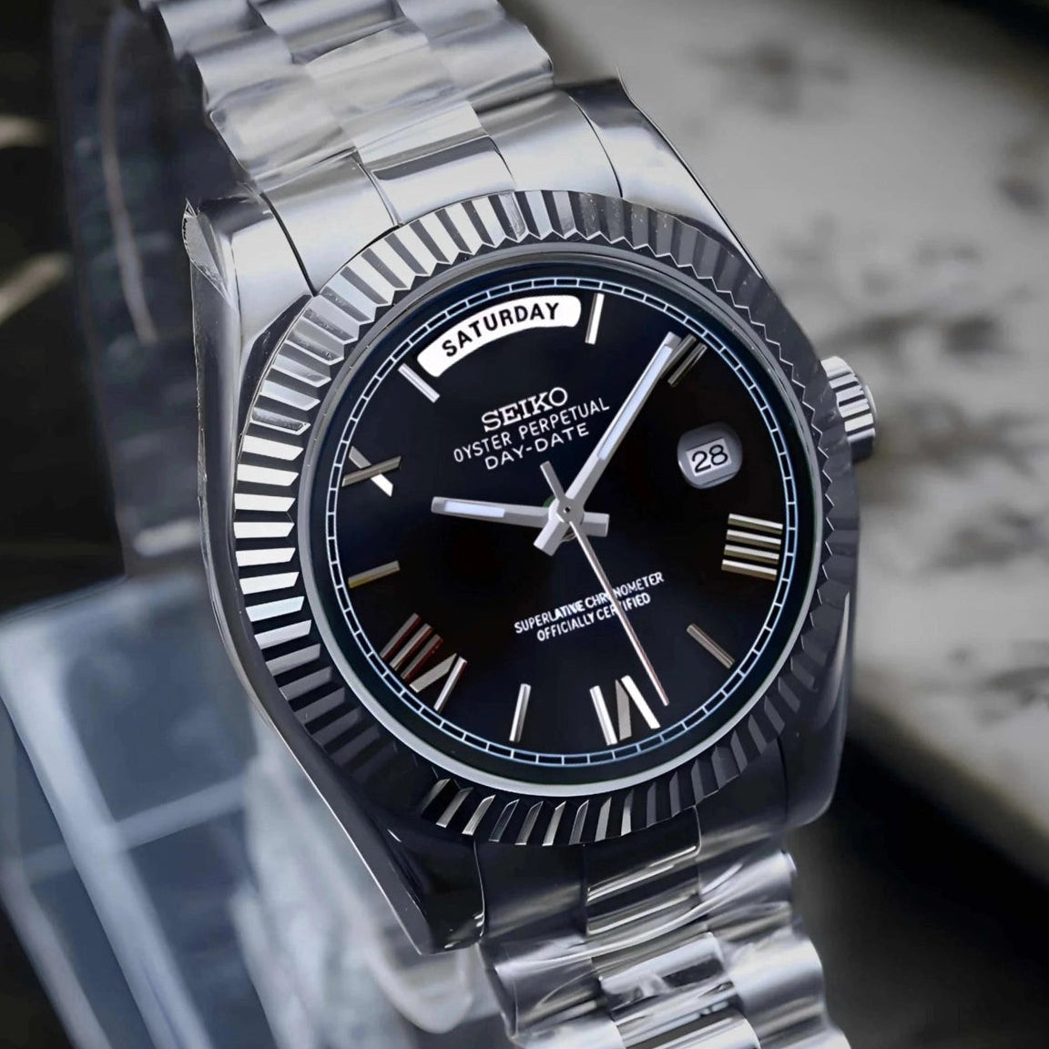 Day Date Black Roman dial with Silver band