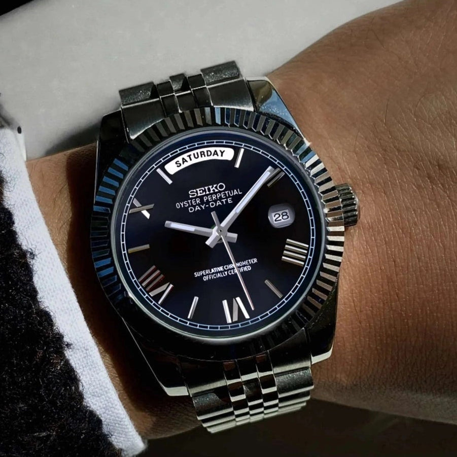 Day Date Black Roman dial with Silver band