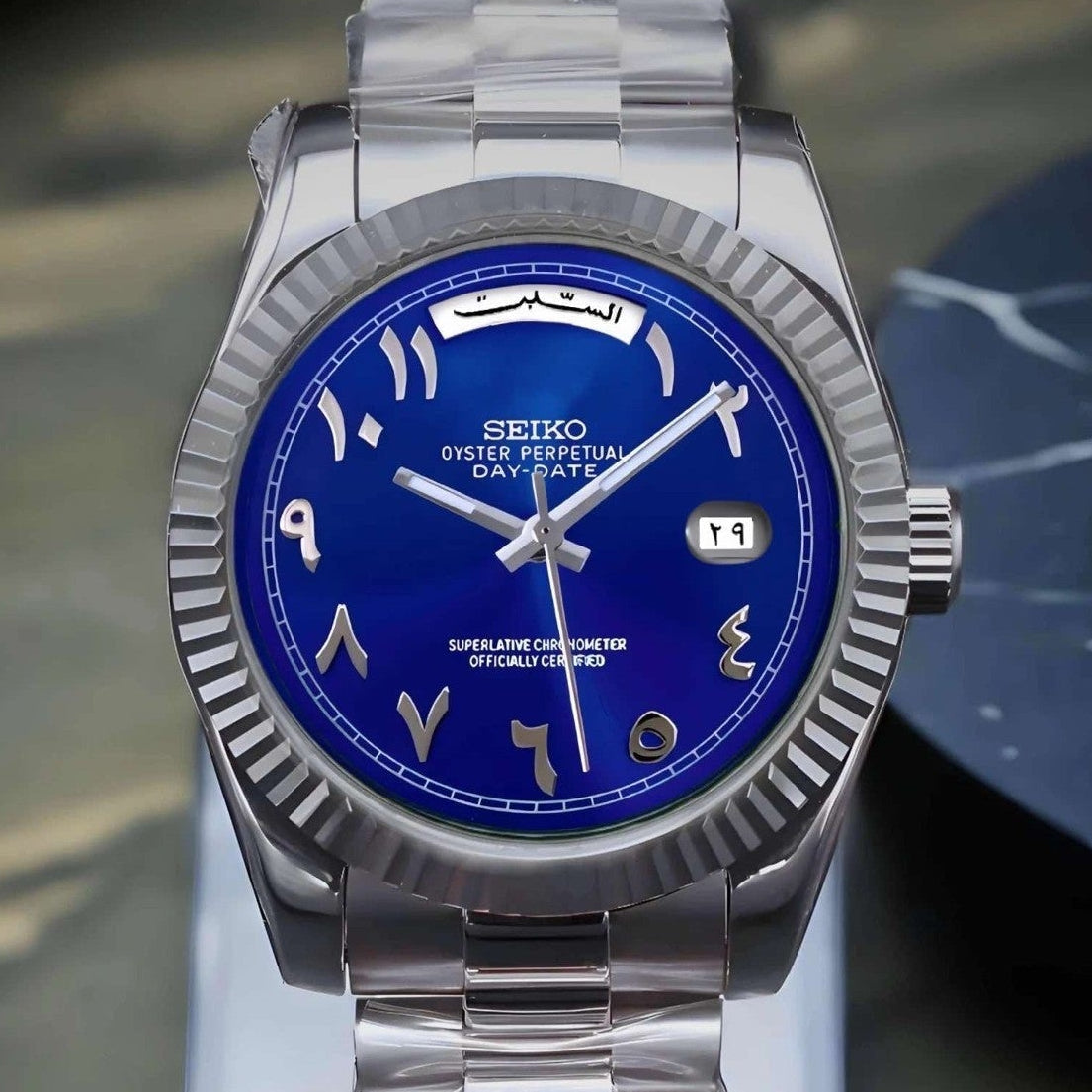 Dat date blue arabic dial with silver band