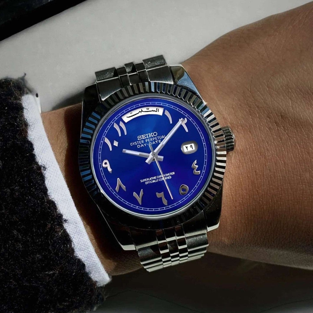Custom Miyota Day Date Watch | Blue Arabic Dial | 40mm | Seiko Mod