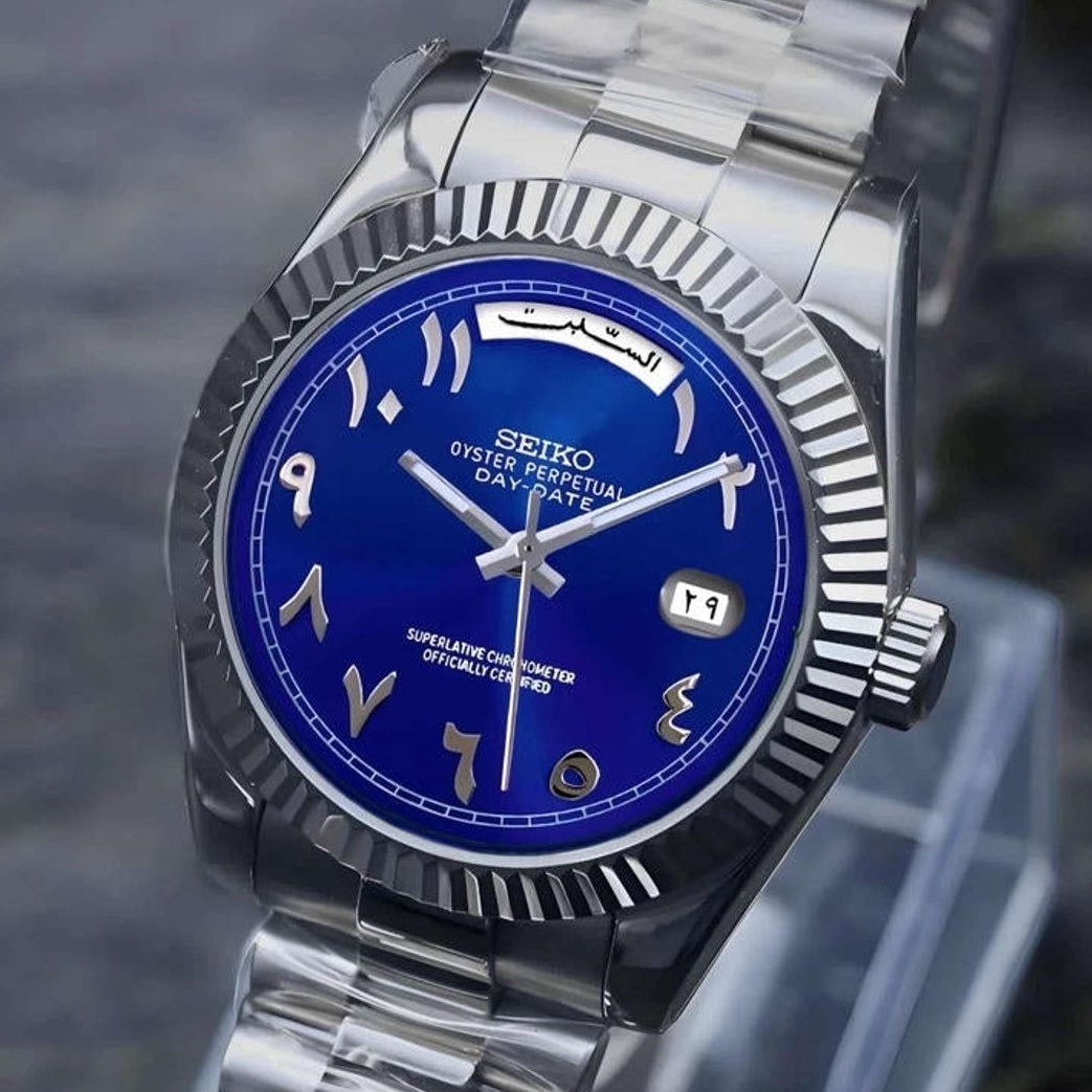 Dat date blue arabic dial with silver band