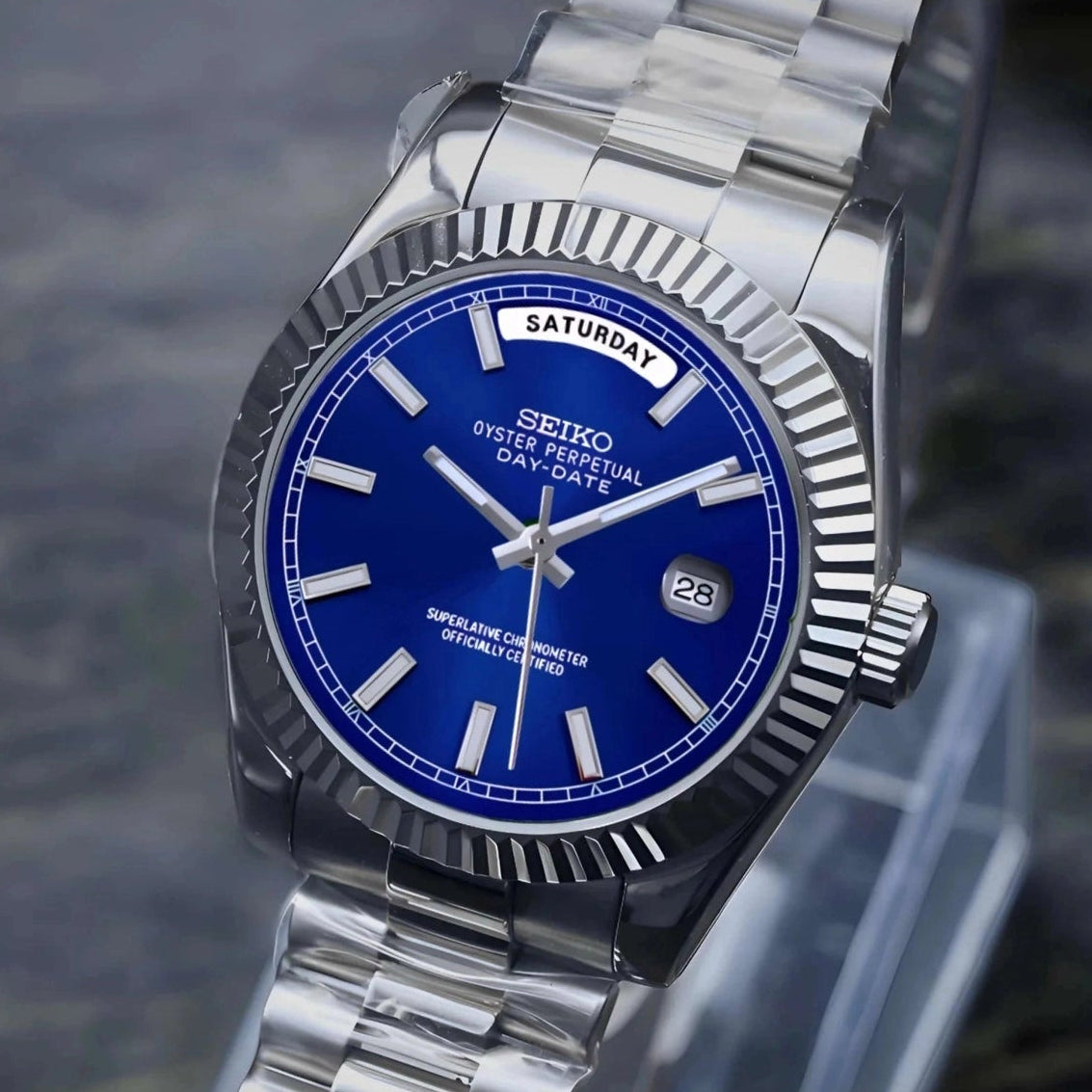 day date blue dial with silver band