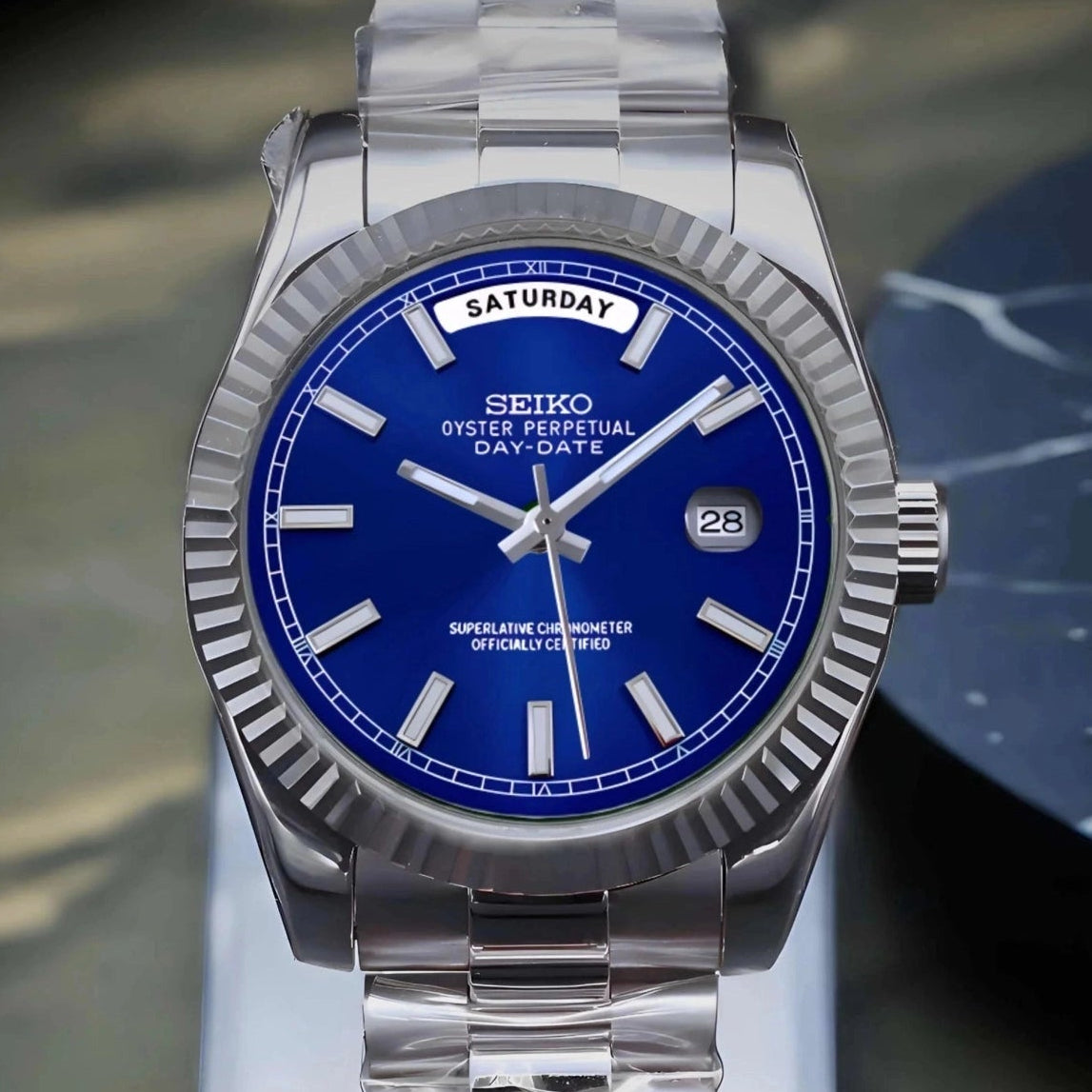 day date blue dial with silver band