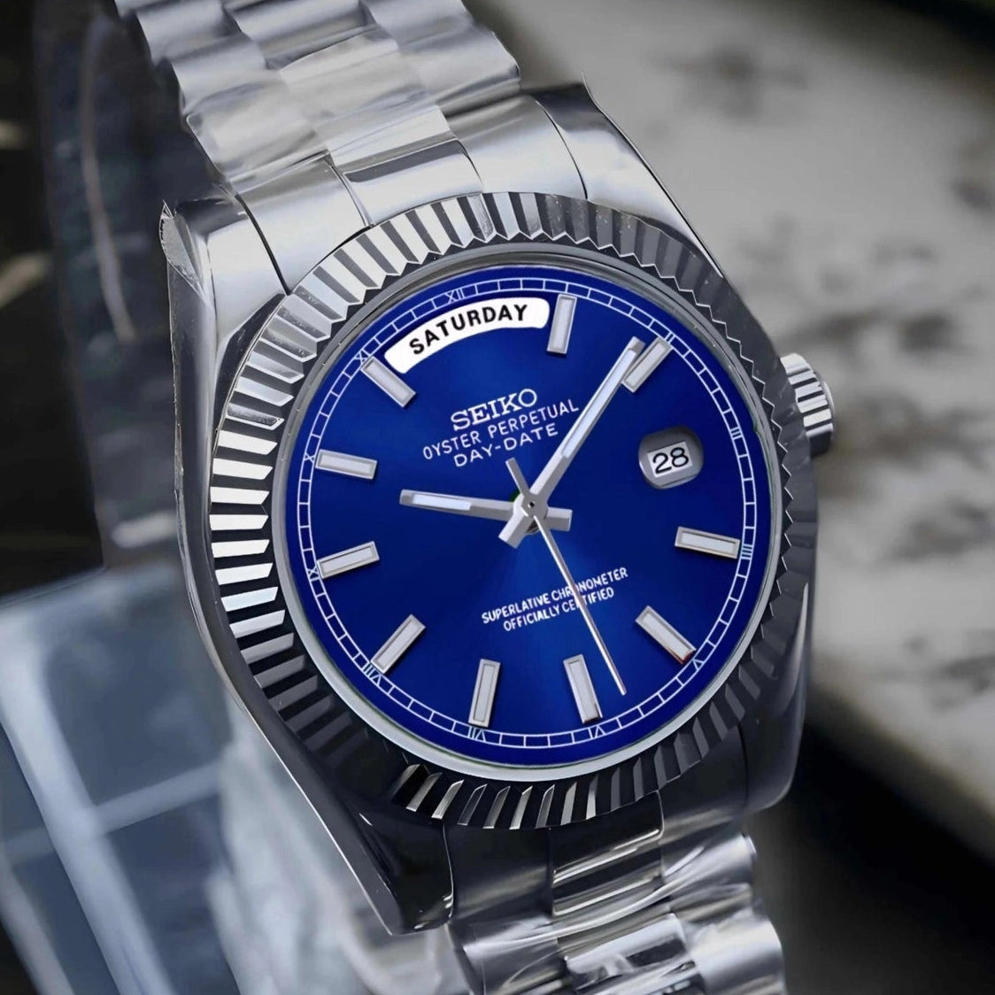 day date blue dial with silver band