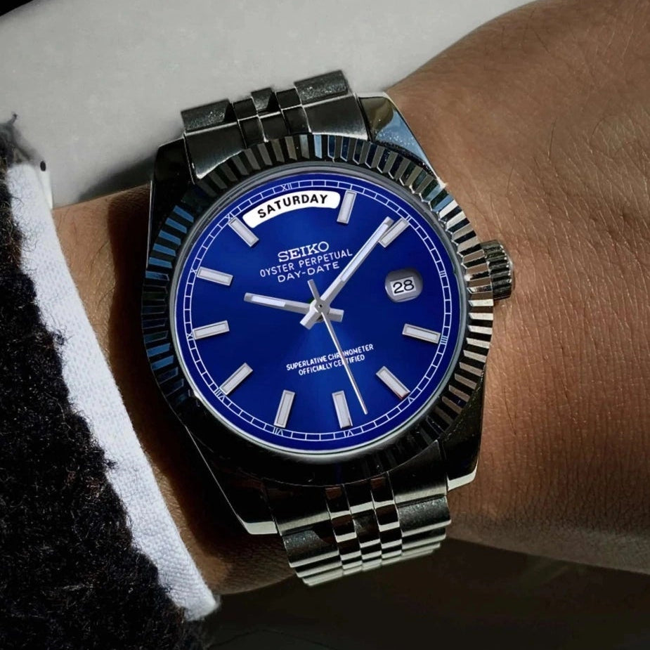 day date blue dial with silver band