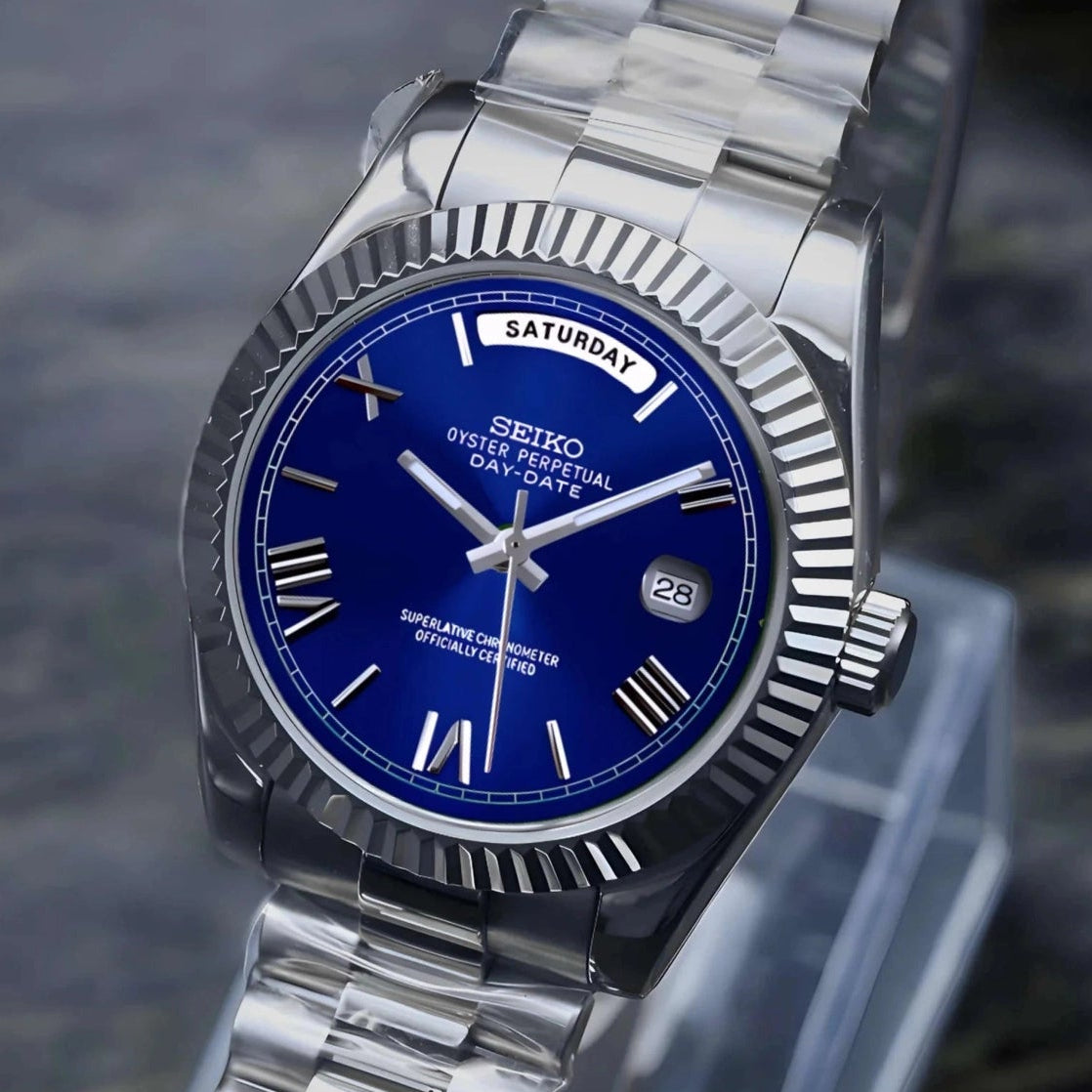 Blue Roman dial day date watch with silver band
