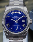 Blue Roman dial day date watch with silver band