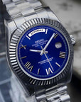 Blue Roman dial day date watch with silver band