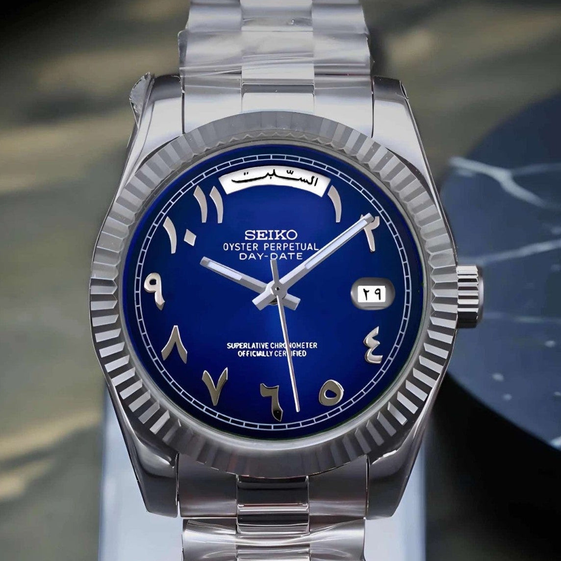 Dark Blue Arabic Dial with Silver Band