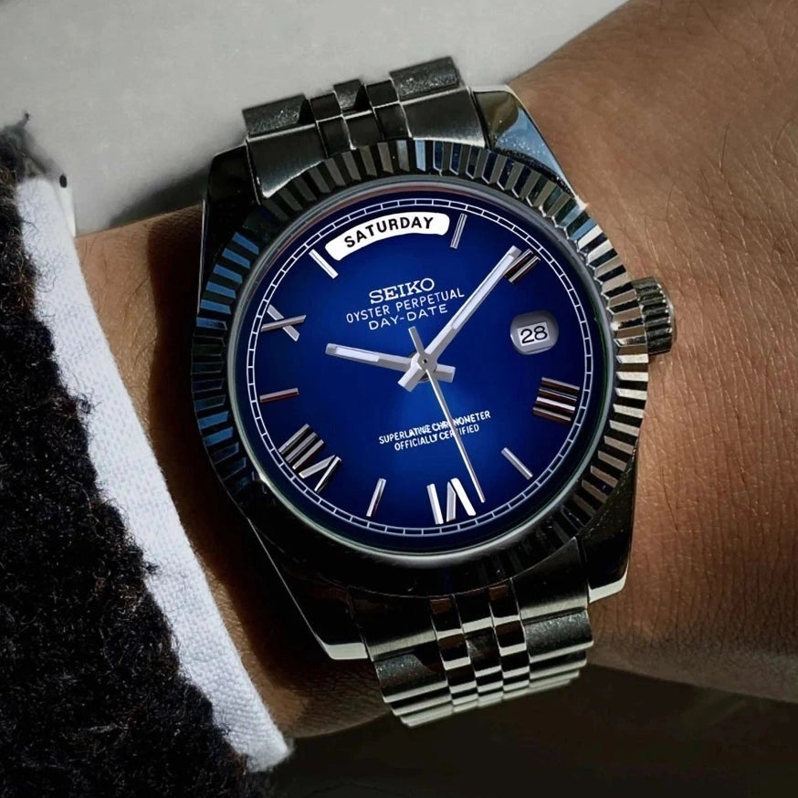 Custom Miyota Day Date Watch | Dark Blue Roman Dial | Seiko Mod