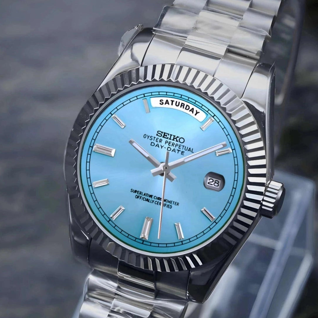 Day date ice Blue Baguette  Dial with Silver Band