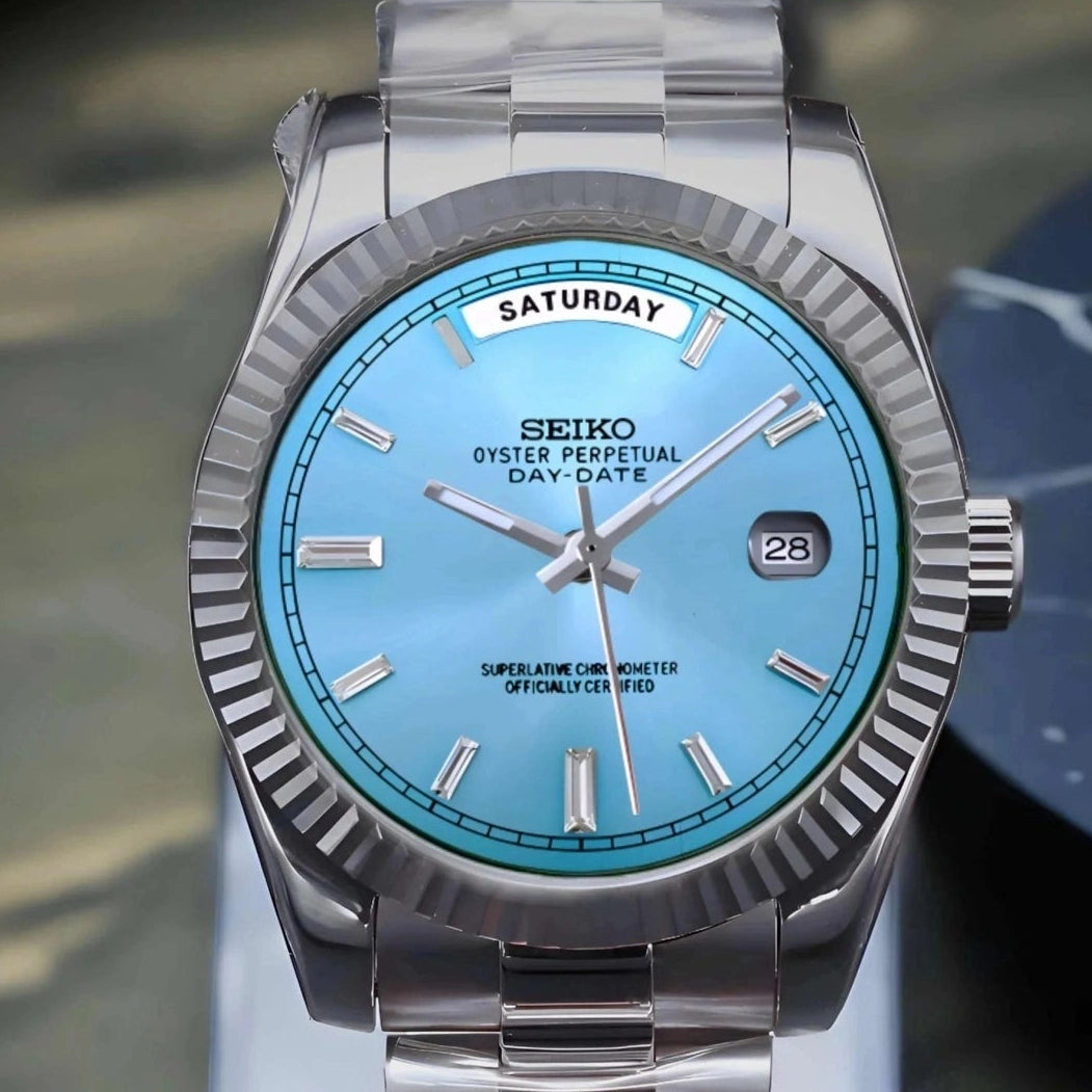 Day date ice Blue Baguette  Dial with Silver Band