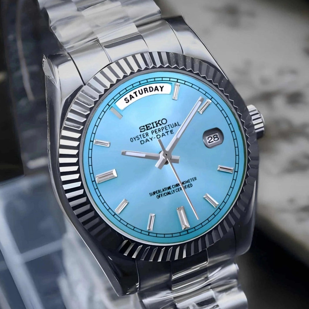 Day date ice Blue Baguette  Dial with Silver Band