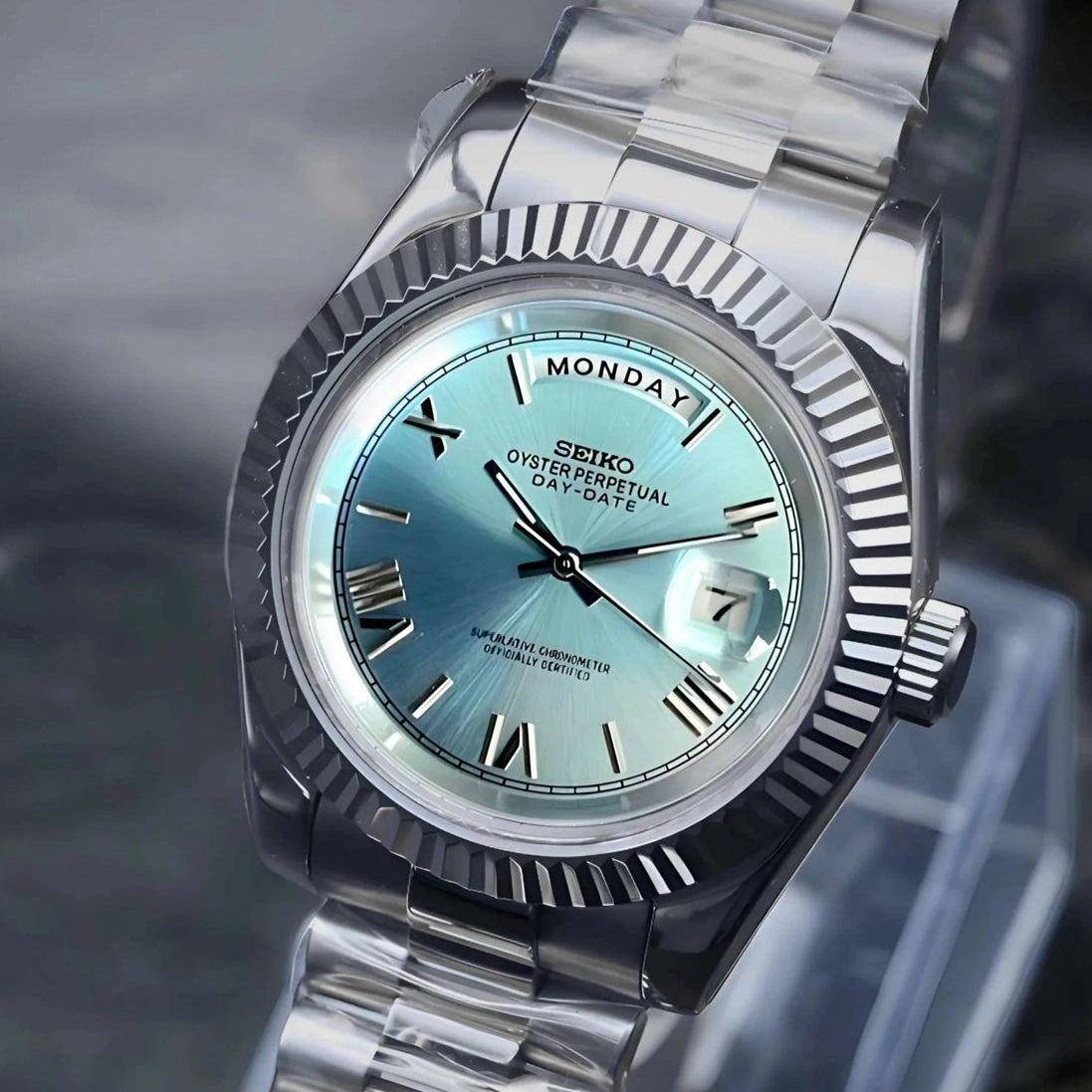 day date ice blue roman dial with Silver band