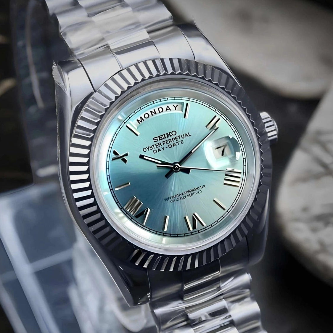 day date ice blue roman dial with Silver band