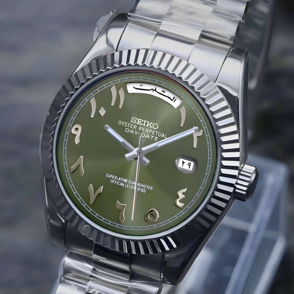 Day date Olive Green Arabic With Silver band