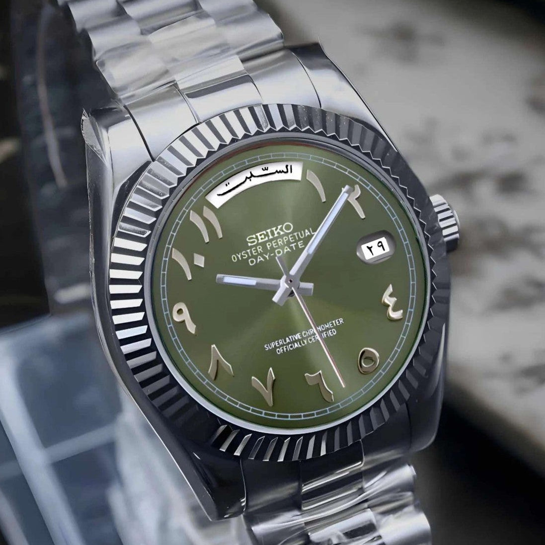 Day date Olive Green Arabic With Silver band