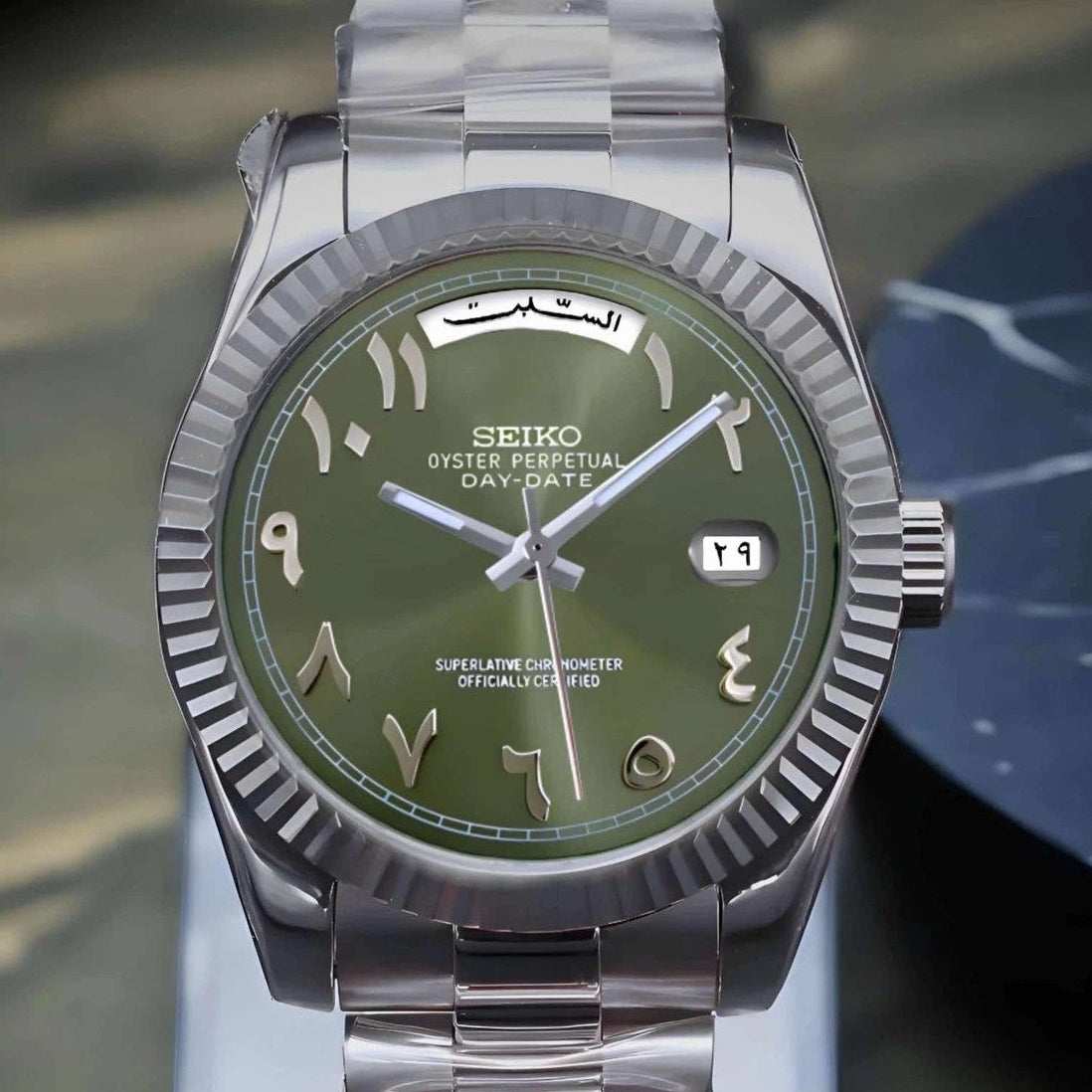 Day date Olive Green Arabic With Silver band