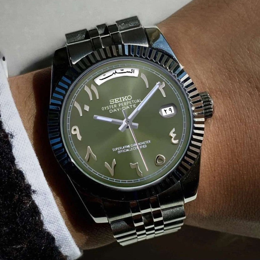 Day date Olive Green Arabic With Silver band
