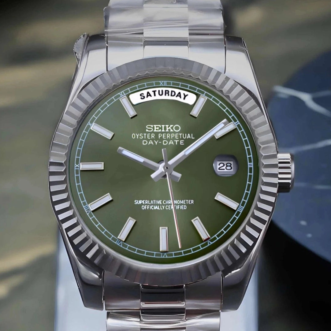 Day date Olive Green dial with Silver Band