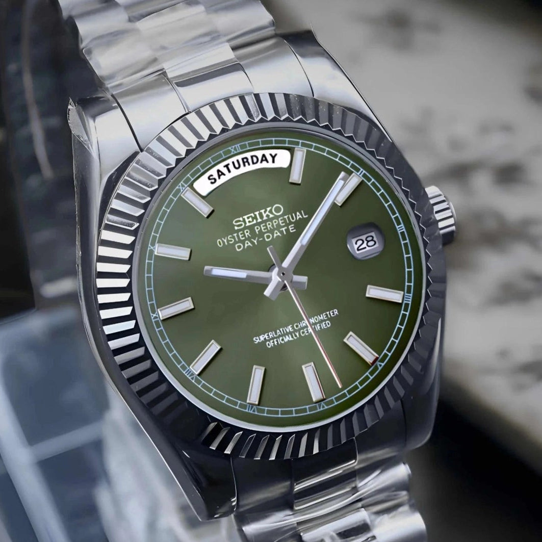 Day date Olive Green dial with Silver Band