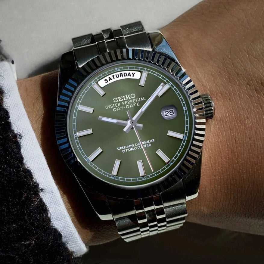 Day date Olive Green dial with Silver Band