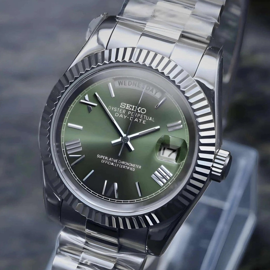 Day date Olive Green Roman dial with Silver Band