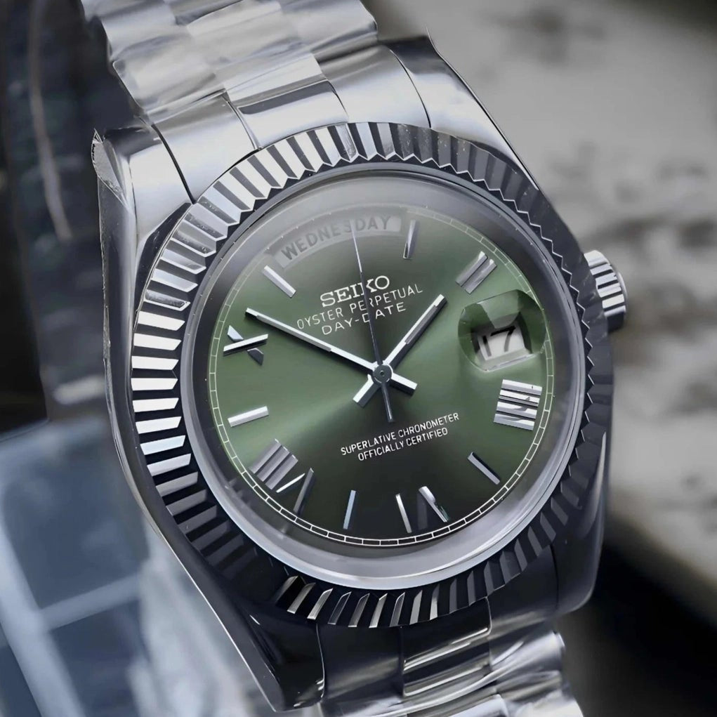 Day date Olive Green Roman dial with Silver Band
