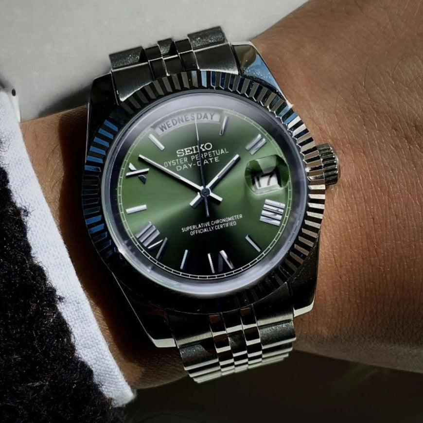 Day date Olive Green Roman dial with Silver Band