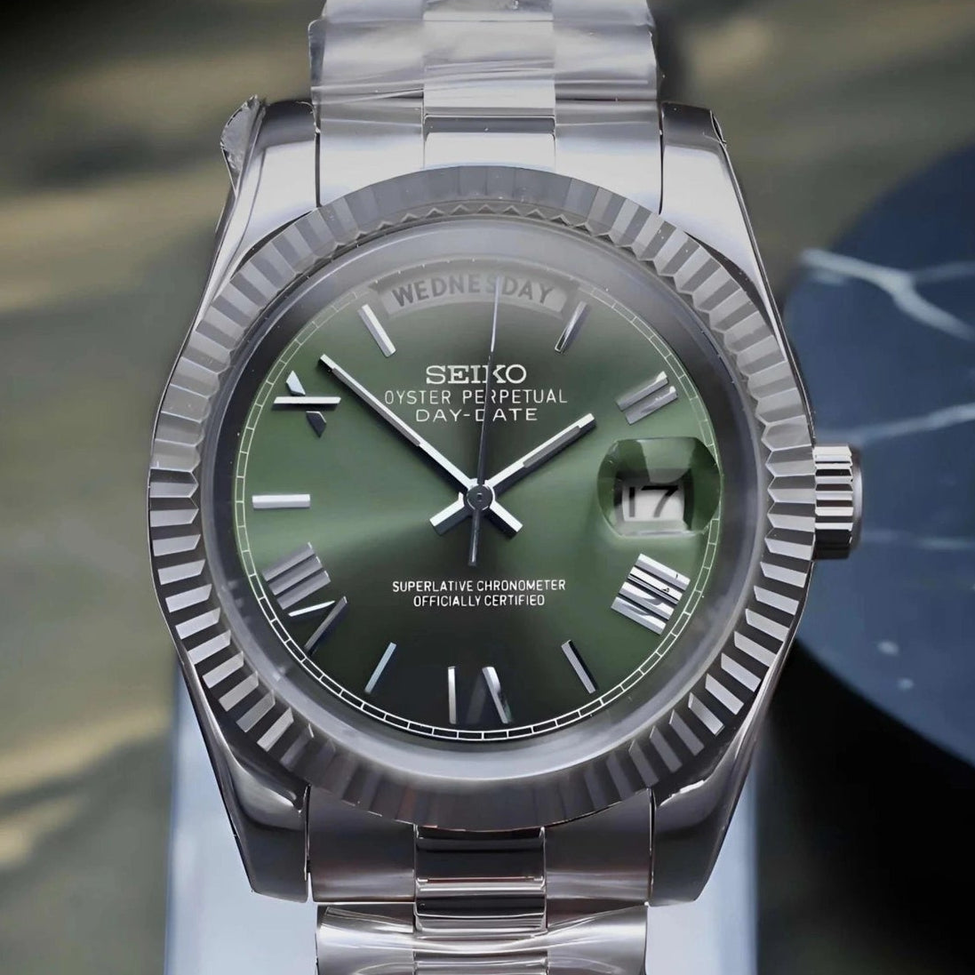 Day date Olive Green Roman dial with Silver Band