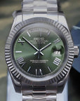 Day date Olive Green Roman dial with Silver Band