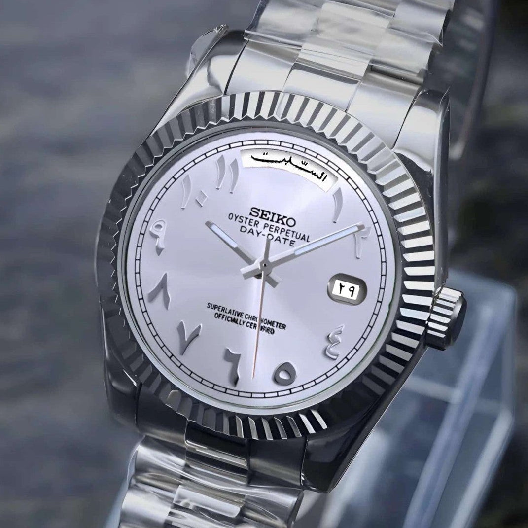 Day date white arabic dial with silver band